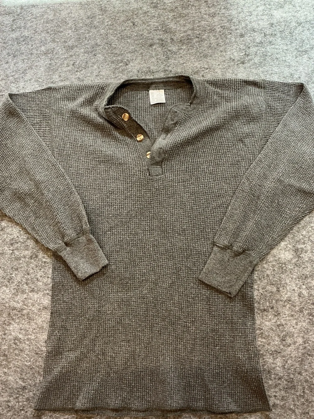 Hanes Grey Waffle-Knit Henley Crewneck Sweater Size L